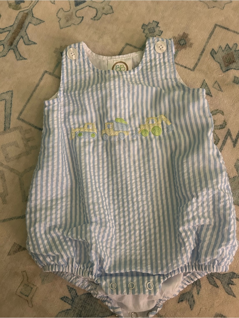 Blue & White Striped Baby Romper with Yellow Embroidered Trucks
